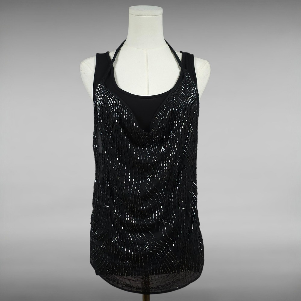 Guess Tank Top Glam Y2K Beaded Cowl Neck Racerback Mesh Overlay Black Medium